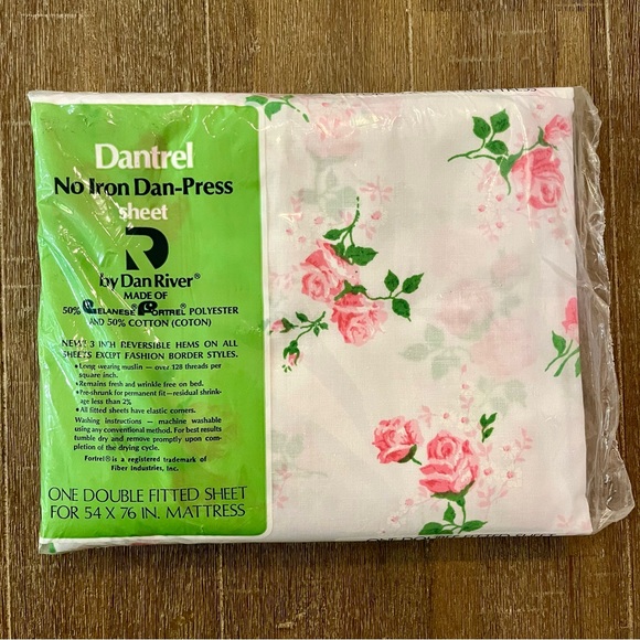 Vintage Dantrel Fitted Double Bed Sheet Pink Rose 54 X 76 Fits Full Mattress - Picture 2 of 2